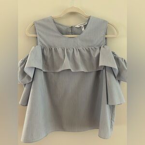 BCBGeneration Striped Open Shoulder Ruffle Blouse, Size Large